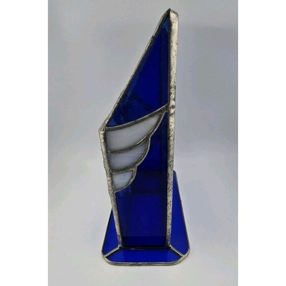 Hand Crafted Sturdy Stained Glass Blue and Milky White Translucent Glass, RH 84 - Picture 9 of 11